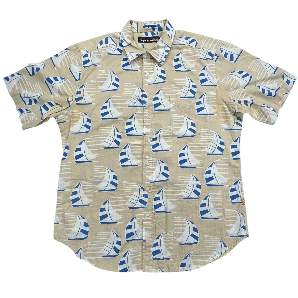 Reyn Spooner Hawaiian Shirt Mens Large Tan Allover Sailboat Print Button Down